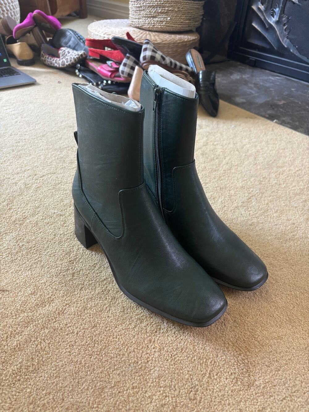 Dark Green Leather Ankle Boots Side Zip Brand New
